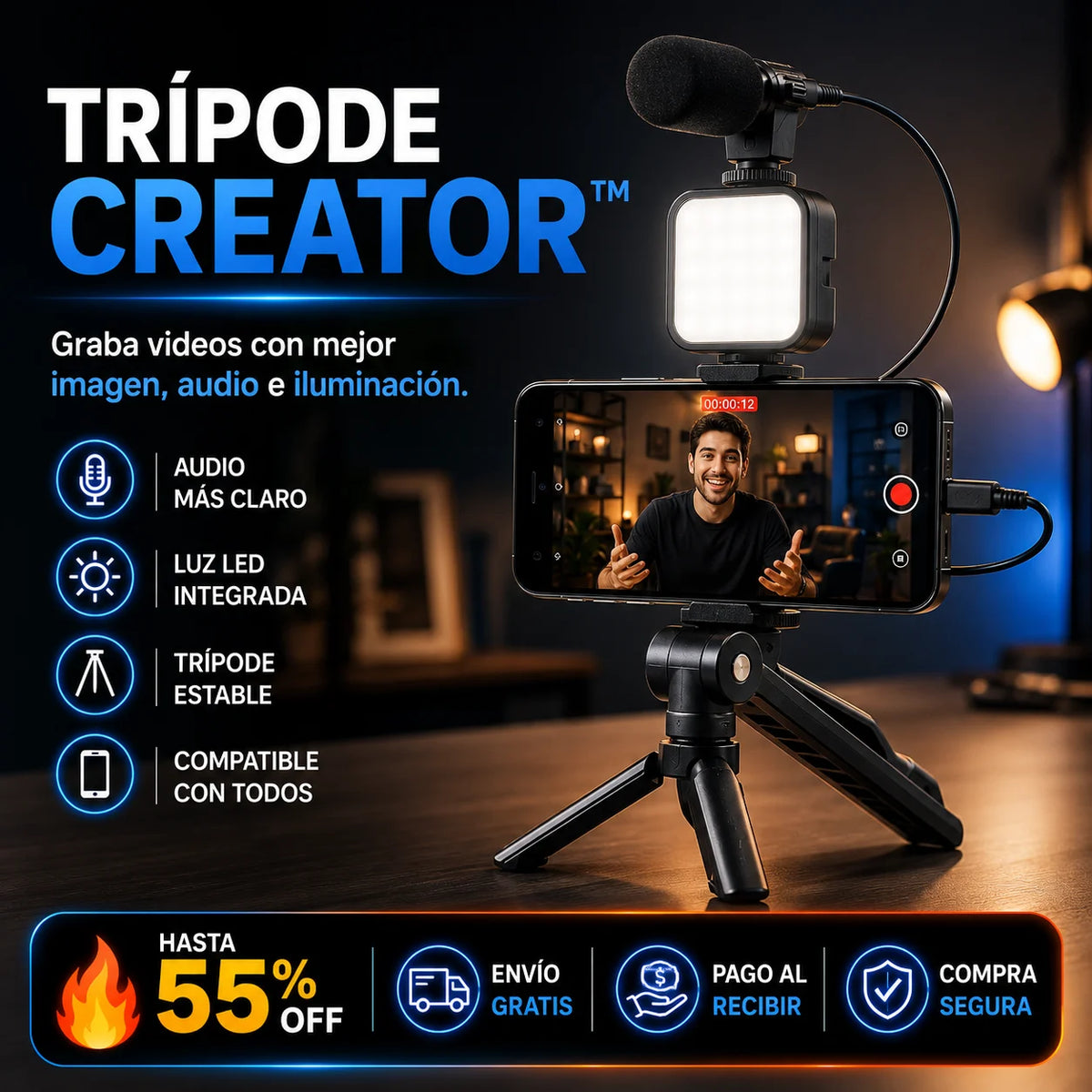 Tripode Creator ™ - Graba videos con mejor imagen, audio e iluminación.