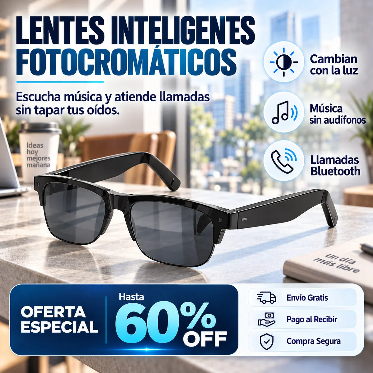 Lentes Inteligentes Fotocromáticos Bluetooth – Escucha música y atiende llamadas sin tapar tus oídos.