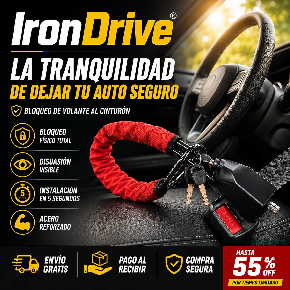 SecureDrive™ – Bloqueo Antirrobo de Volante con Conexión al Cinturón