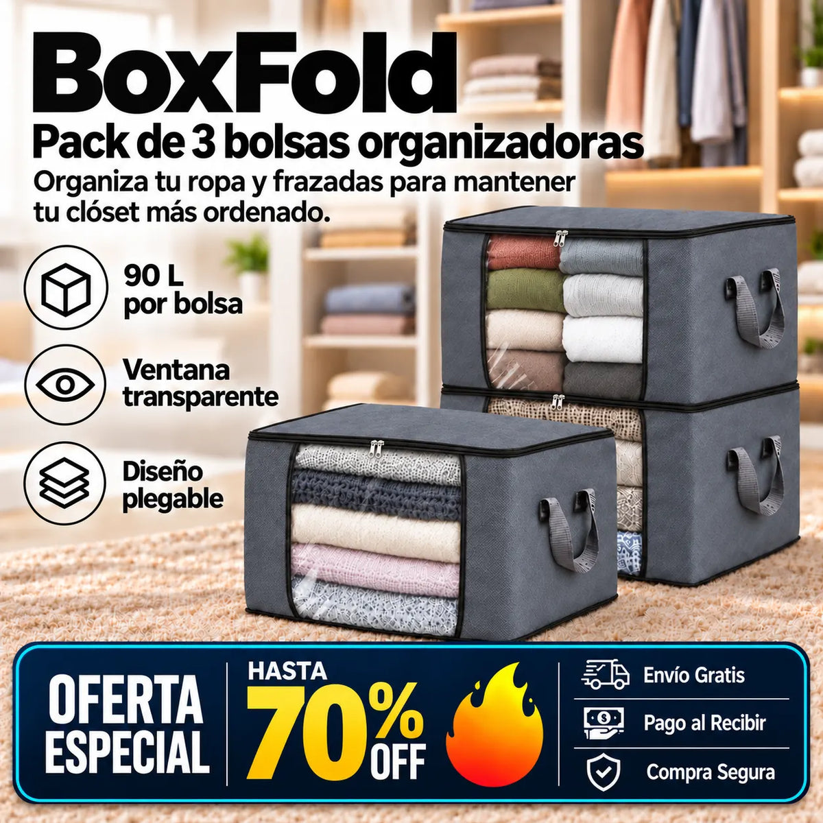 BoxFold™ pack 3 - Organiza tu ropa y frazadas para mantener tu clóset más ordenado.