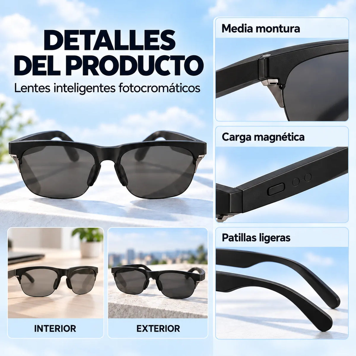 Lentes Inteligentes Fotocromáticos Bluetooth – Escucha música y atiende llamadas sin tapar tus oídos.